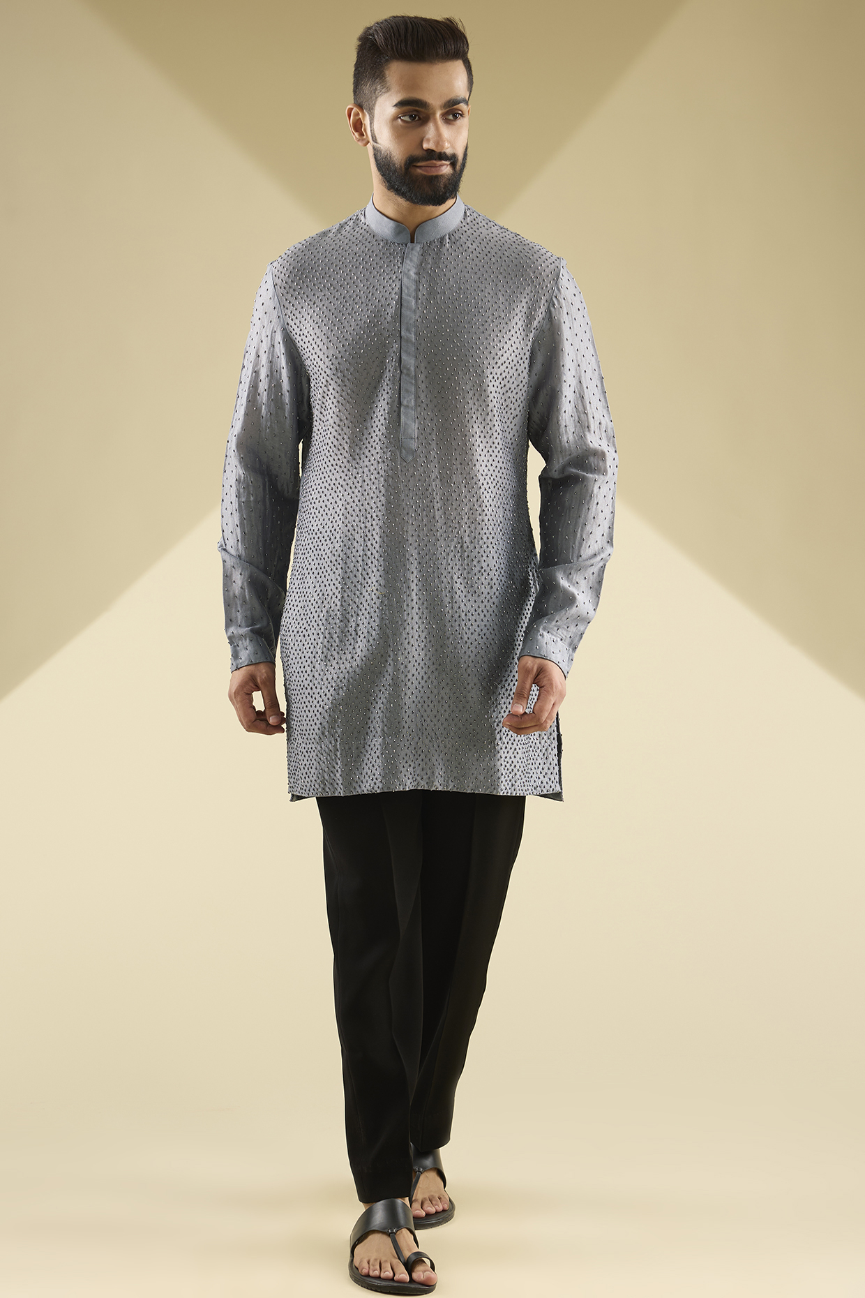 Grey Chanderi Embroidered Kurta by Sawan Gandhi Men