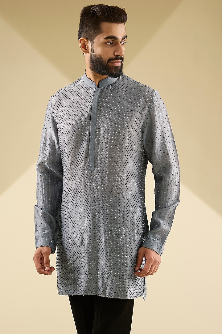 Grey Chanderi Embroidered Kurta by Sawan Gandhi Men at Pernia's Pop Up Shop