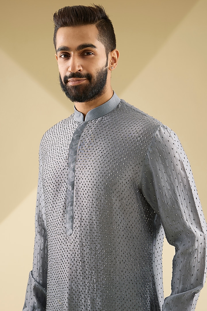 Grey Chanderi Embroidered Kurta by Sawan Gandhi Men at Pernia's Pop Up Shop