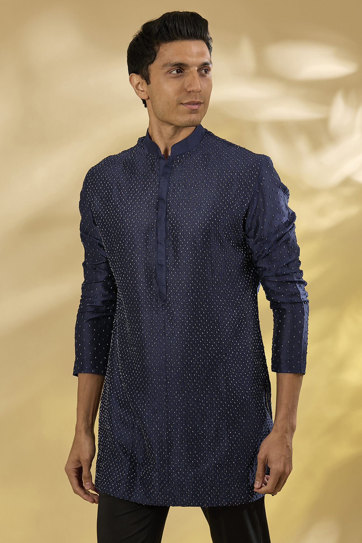 Navy Georgette Swarovski & Crystal Embroidered Kurta by Sawan Gandhi Men