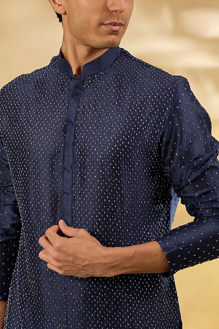 Navy Georgette Swarovski & Crystal Embroidered Kurta by Sawan Gandhi Men at Pernia's Pop Up Shop