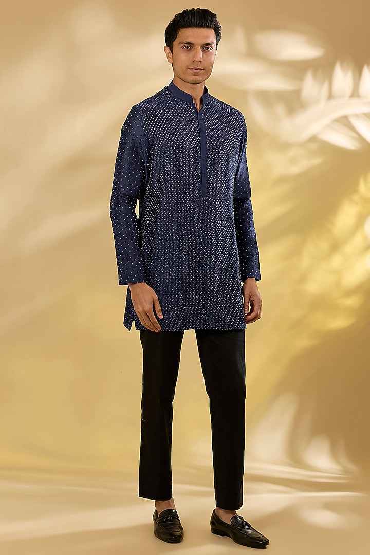 Navy Georgette Swarovski & Crystal Embroidered Kurta by Sawan Gandhi Men at Pernia's Pop Up Shop