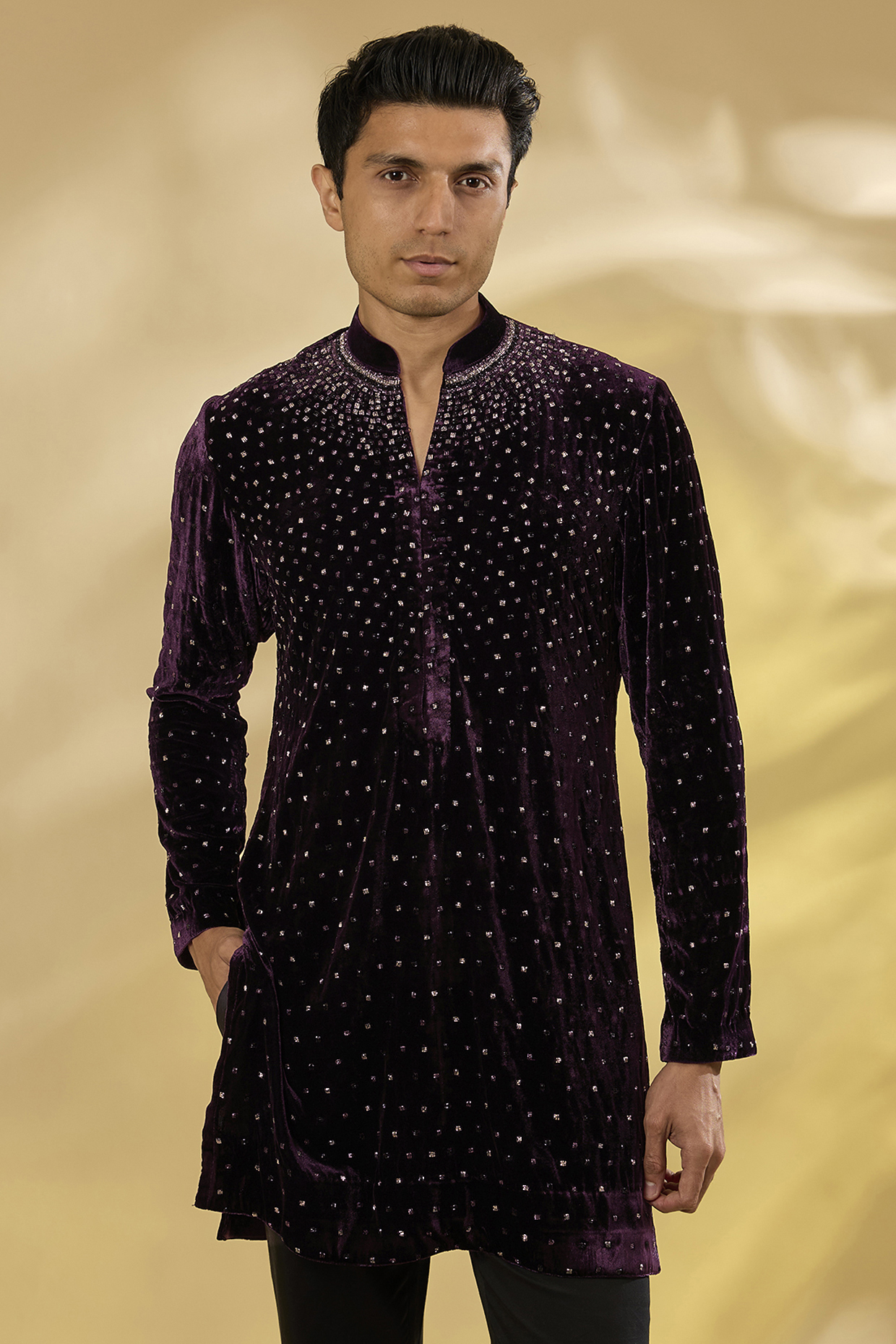 Navy Velvet Swarovski & Crystal Embroidered Kurta by Sawan Gandhi Men