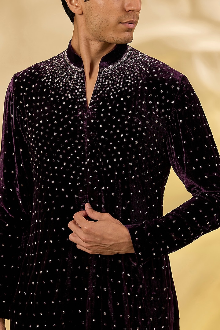Wine Velvet Swarovski & Crystal Embroidered Kurta by Sawan Gandhi Men at Pernia's Pop Up Shop