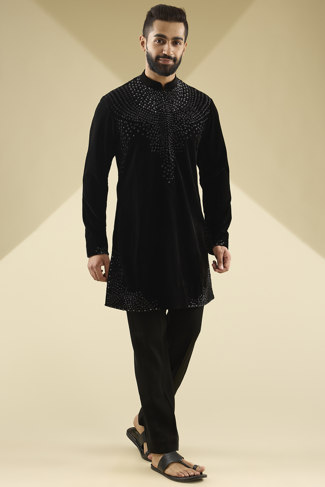 Black Velvet Embroidered Kurta Set by Sawan Gandhi Men