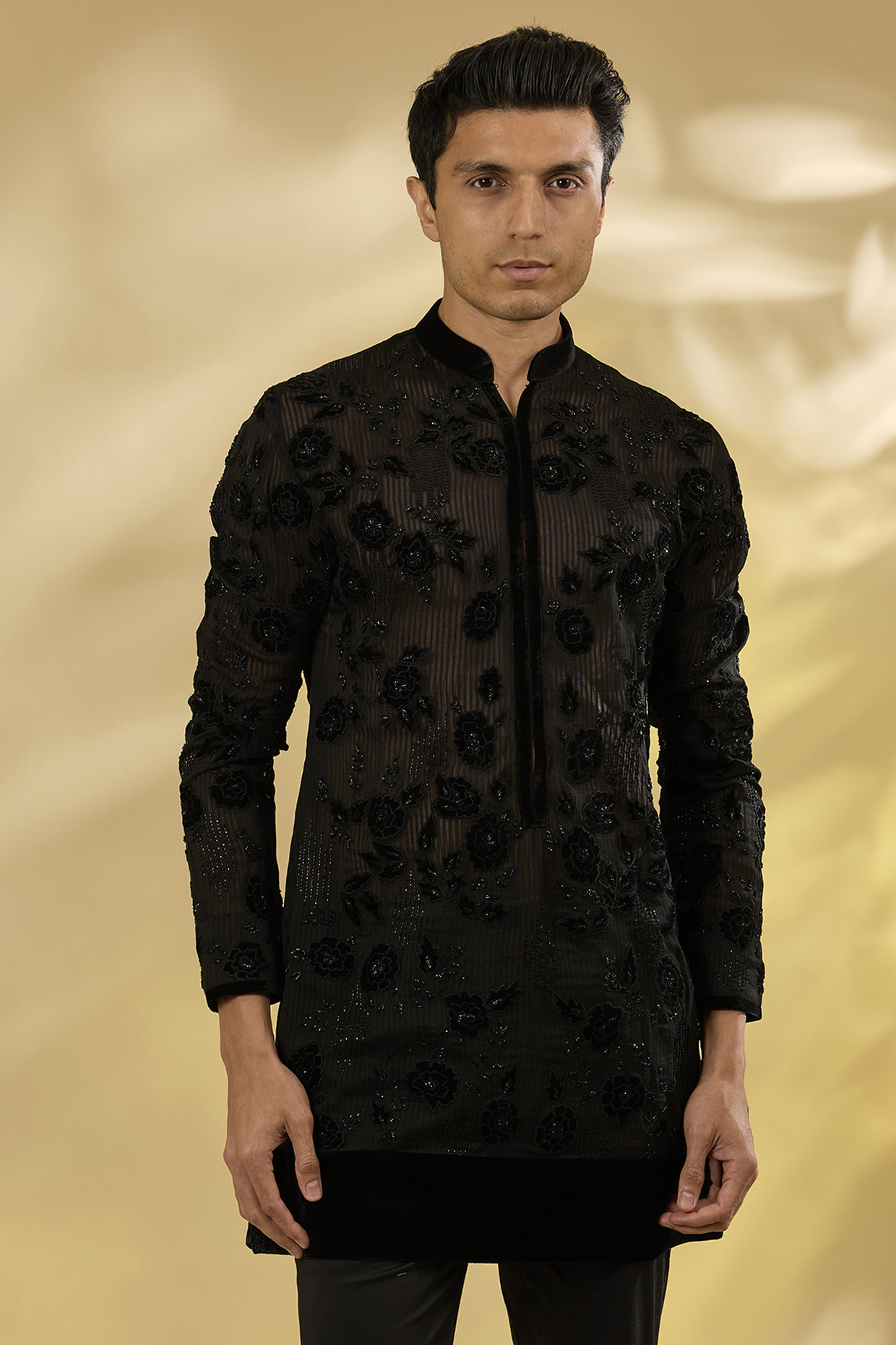 Black Georgette Rose Thread Work Kurta by Sawan Gandhi Men