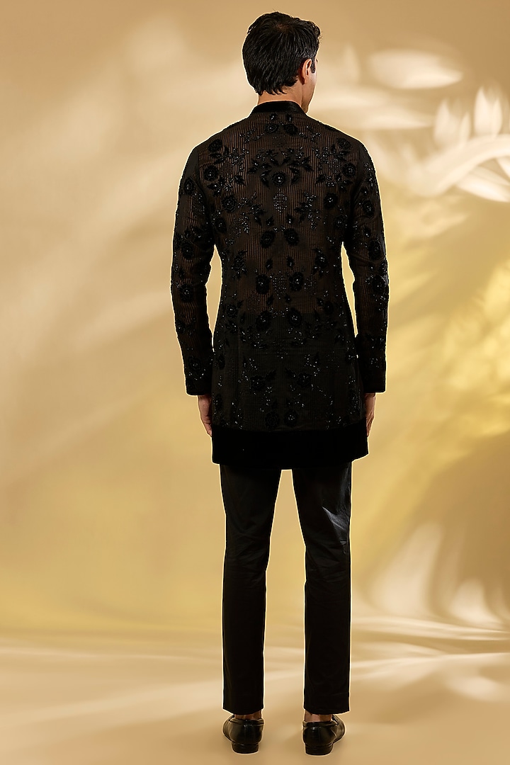 Black Georgette Rose Applique Work Kurta by Sawan Gandhi Men at Pernia's Pop Up Shop