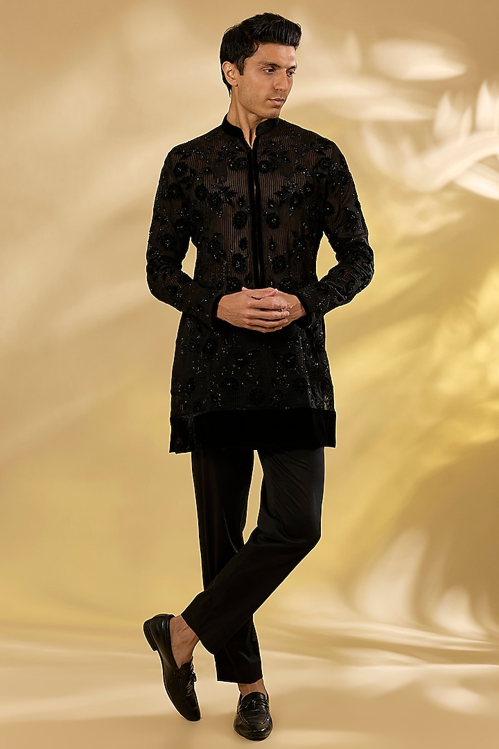 Black Georgette Rose Applique Work Kurta by Sawan Gandhi Men at Pernia's Pop Up Shop