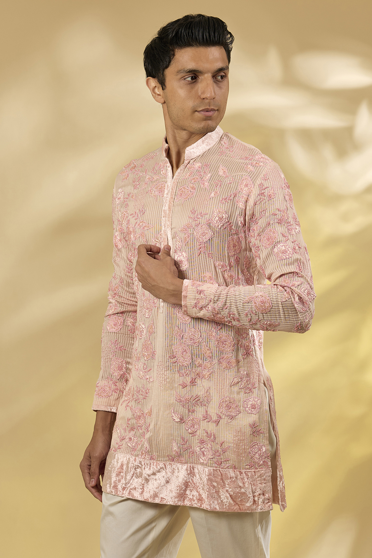 Peach Georgette Rose Thread Work Kurta by Sawan Gandhi Men