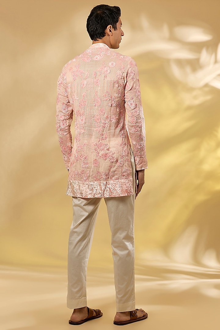 Peach Georgette Rose Applique Work Kurta by Sawan Gandhi Men at Pernia's Pop Up Shop