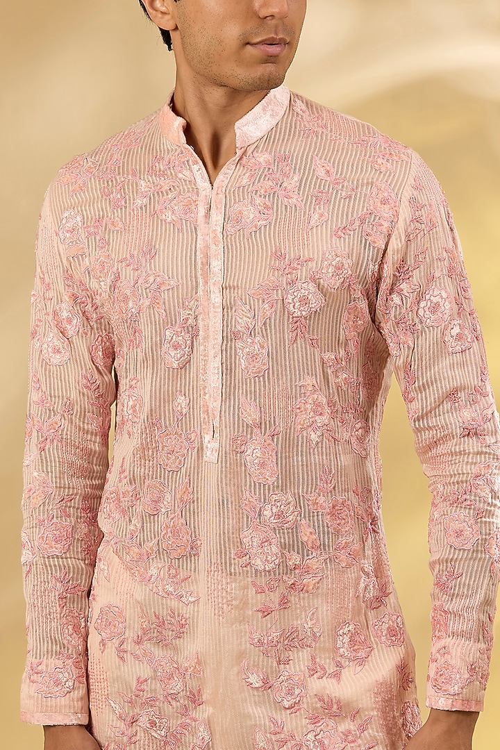 Peach Georgette Rose Applique Work Kurta by Sawan Gandhi Men at Pernia's Pop Up Shop
