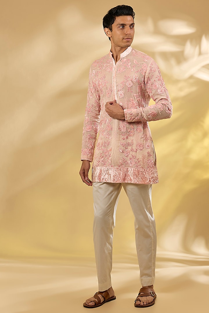 Peach Georgette Rose Applique Work Kurta by Sawan Gandhi Men at Pernia's Pop Up Shop