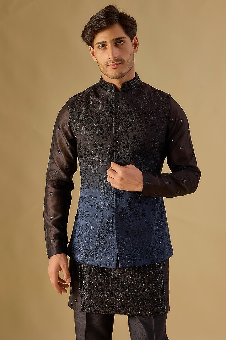 Black Georgette Nehru Jacket by Sawan Gandhi Men at Pernia's Pop Up Shop