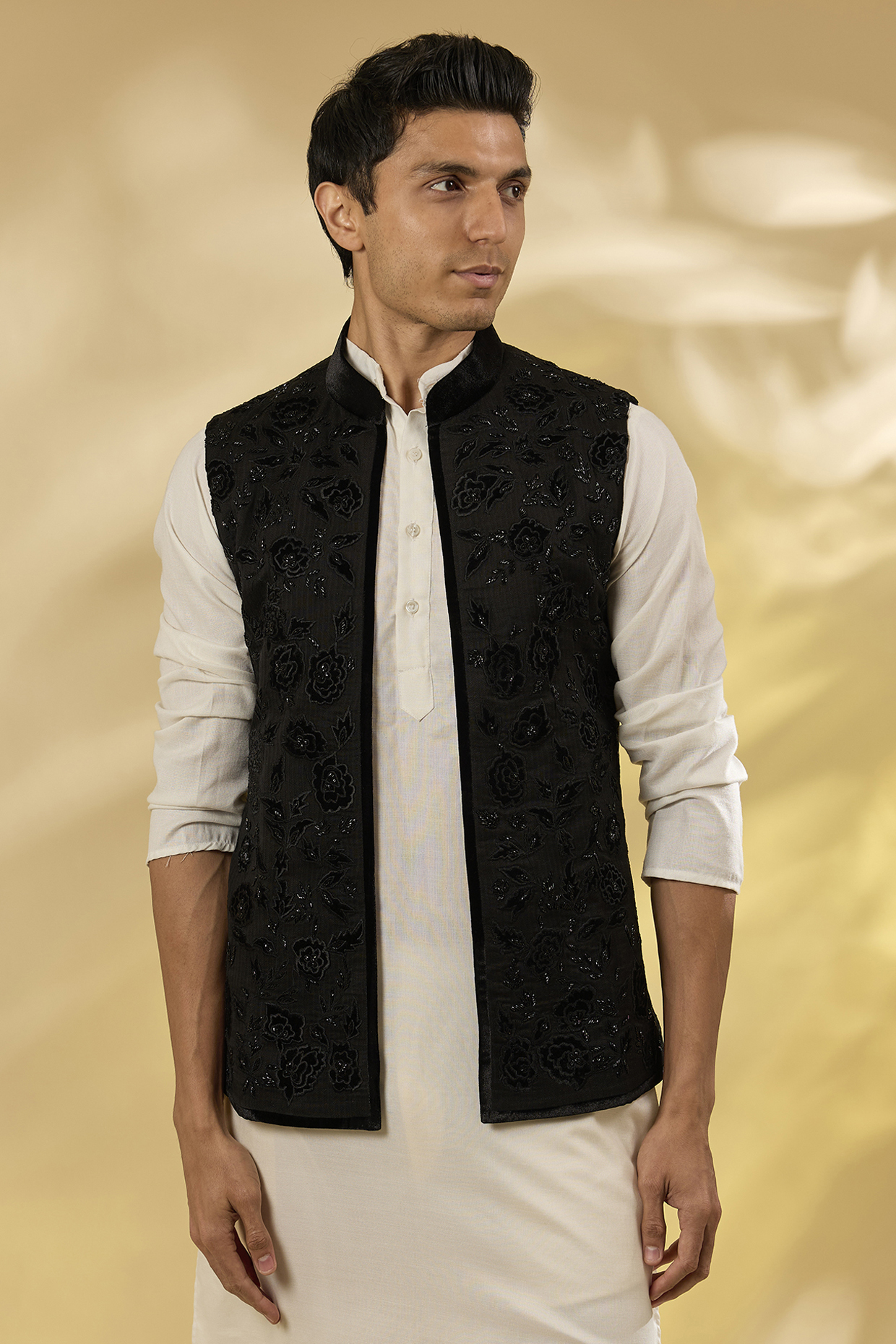 Black Georgette Rose Thread Work Bundi Jacket by Sawan Gandhi Men