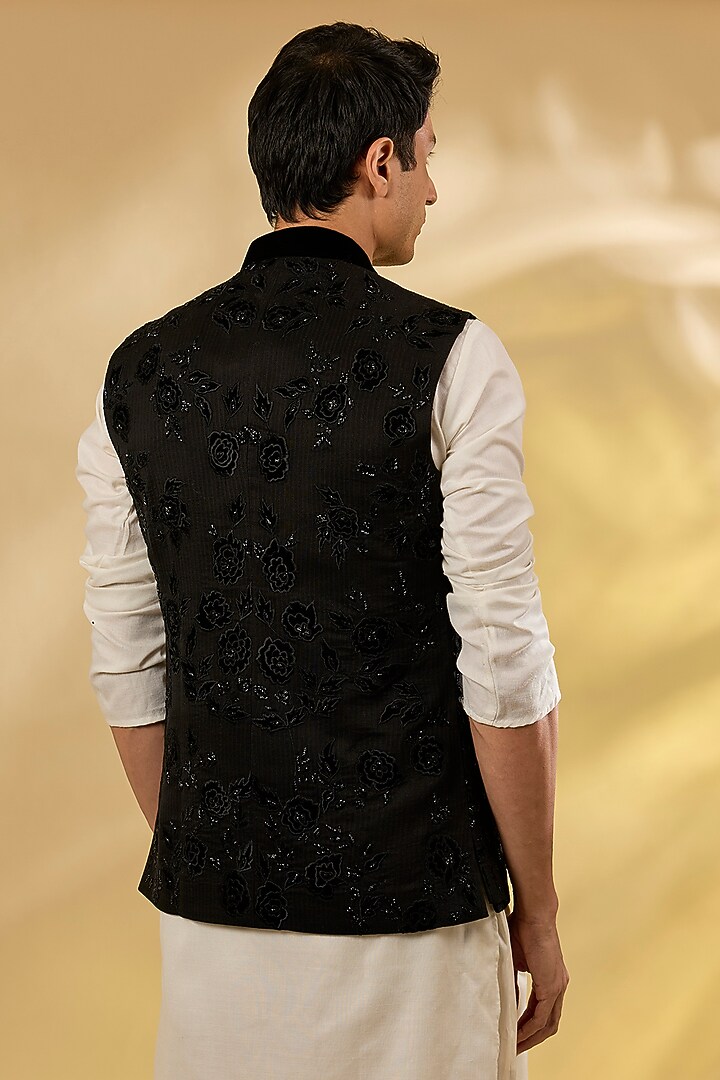 Black Georgette Rose Applique Work Bundi Jacket by Sawan Gandhi Men at Pernia's Pop Up Shop