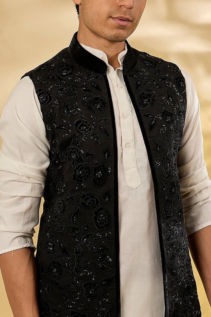 Black Georgette Rose Applique Work Bundi Jacket by Sawan Gandhi Men at Pernia's Pop Up Shop