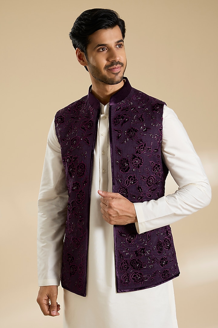 Wine Organza & Velvet Patch Work Bundi Jacket by Sawan Gandhi Men at Pernia's Pop Up Shop