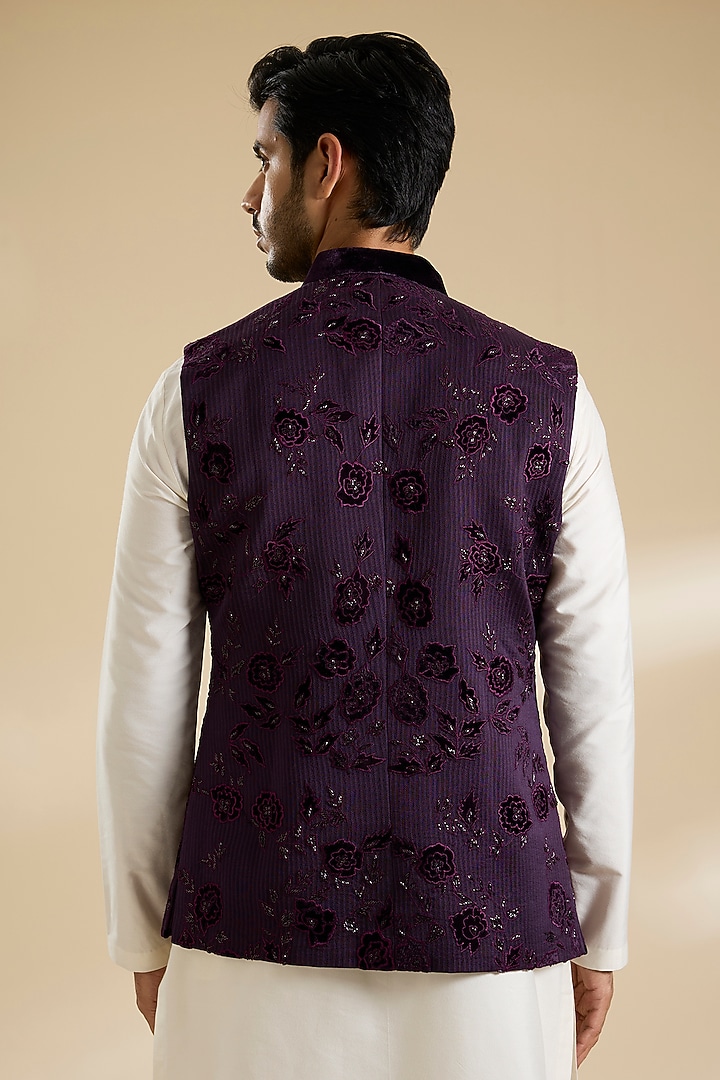 Wine Organza & Velvet Patch Work Bundi Jacket by Sawan Gandhi Men at Pernia's Pop Up Shop