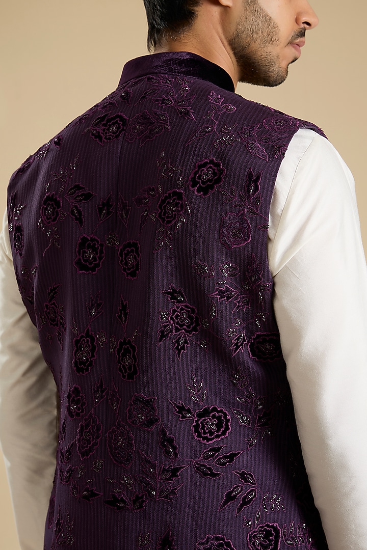 Wine Organza & Velvet Patch Work Bundi Jacket by Sawan Gandhi Men at Pernia's Pop Up Shop