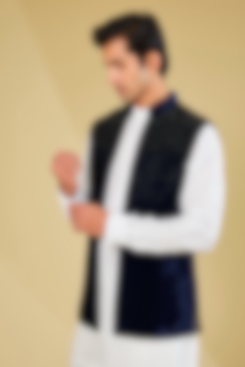 Navy Velvet Bundi Jacket by Sawan Gandhi Men