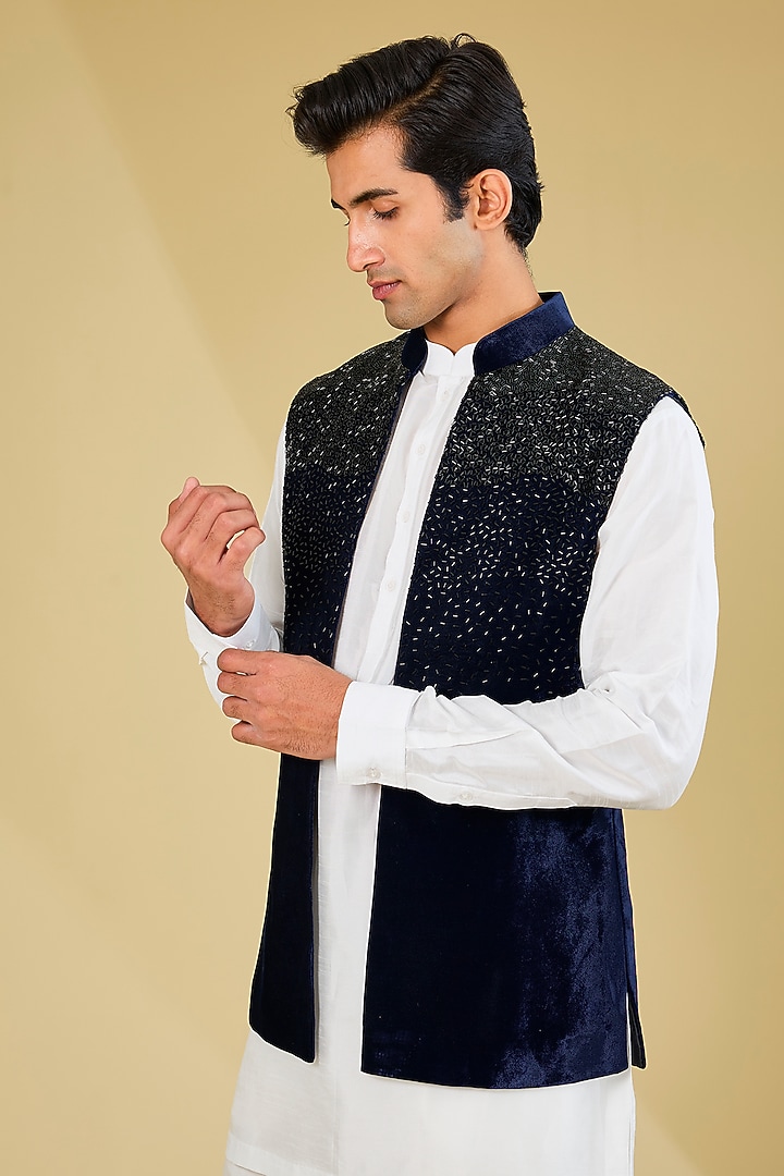 Navy Velvet Bundi Jacket by Sawan Gandhi Men