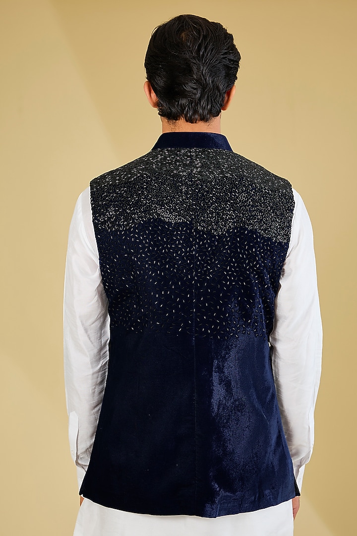 Navy Velvet Bundi Jacket by Sawan Gandhi Men at Pernia's Pop Up Shop