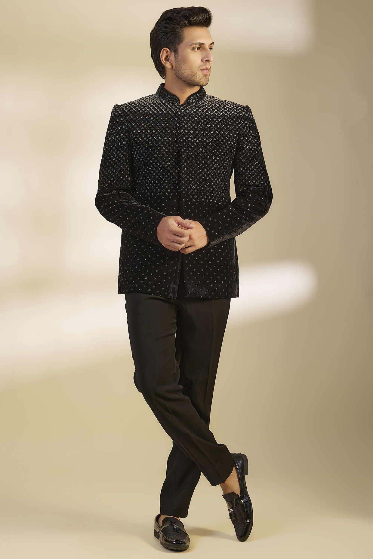 Black Velvet Cutdana Embroidered Bandhgala Set by Sawan Gandhi Men