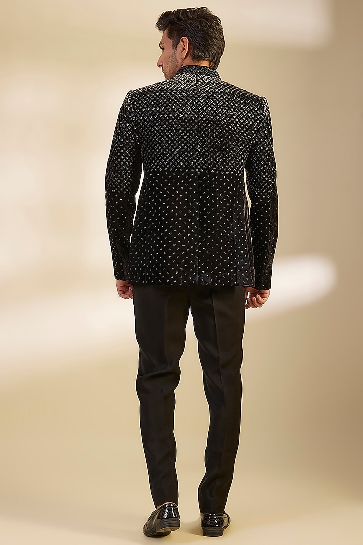 Black Velvet Cutdana Embroidered Groom Bandhgala Set by Sawan Gandhi Men at Pernia's Pop Up Shop