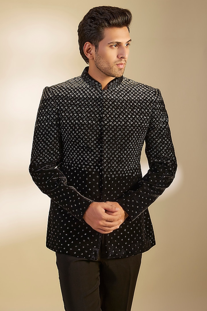 Black Velvet Cutdana Embroidered Groom Bandhgala Set by Sawan Gandhi Men at Pernia's Pop Up Shop