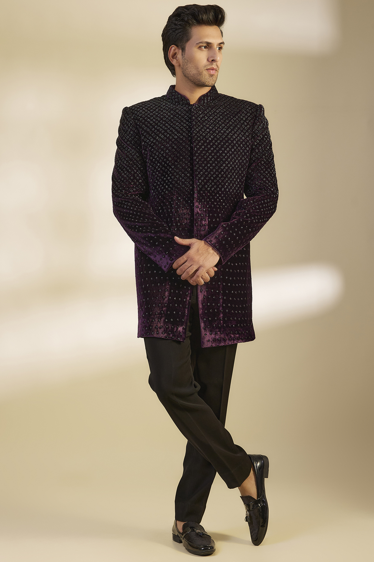 Wine Velvet Cutdana Embroidered Indo-Western Set by Sawan Gandhi Men