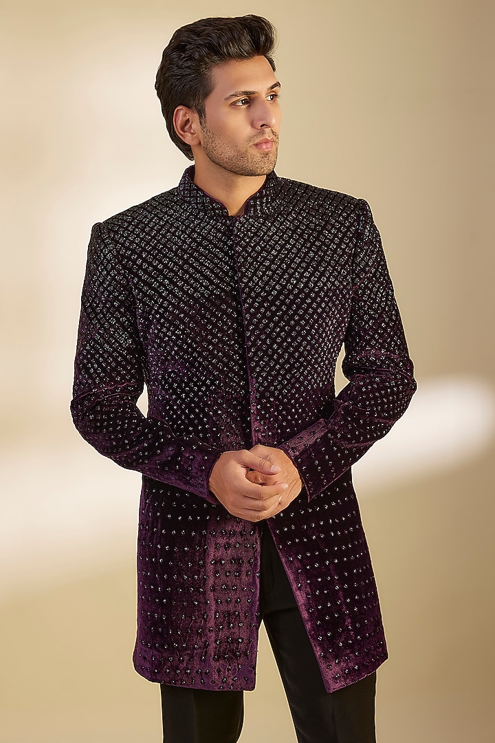 Wine Velvet Cutdana Embroidered Indo-Western Set by Sawan Gandhi Men at Pernia's Pop Up Shop