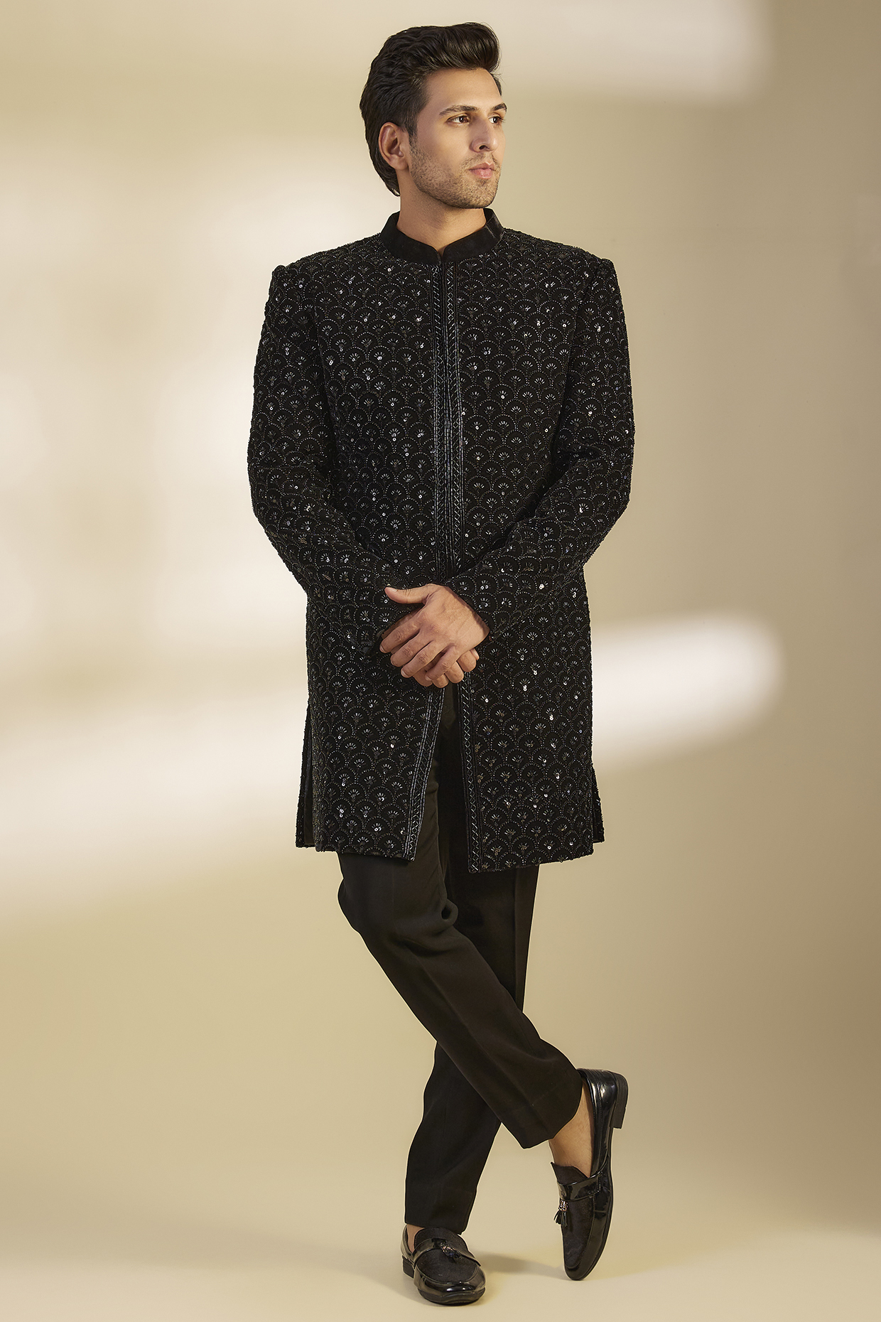 Black Velvet Cutdana Embroidered Sherwani Set by Sawan Gandhi Men