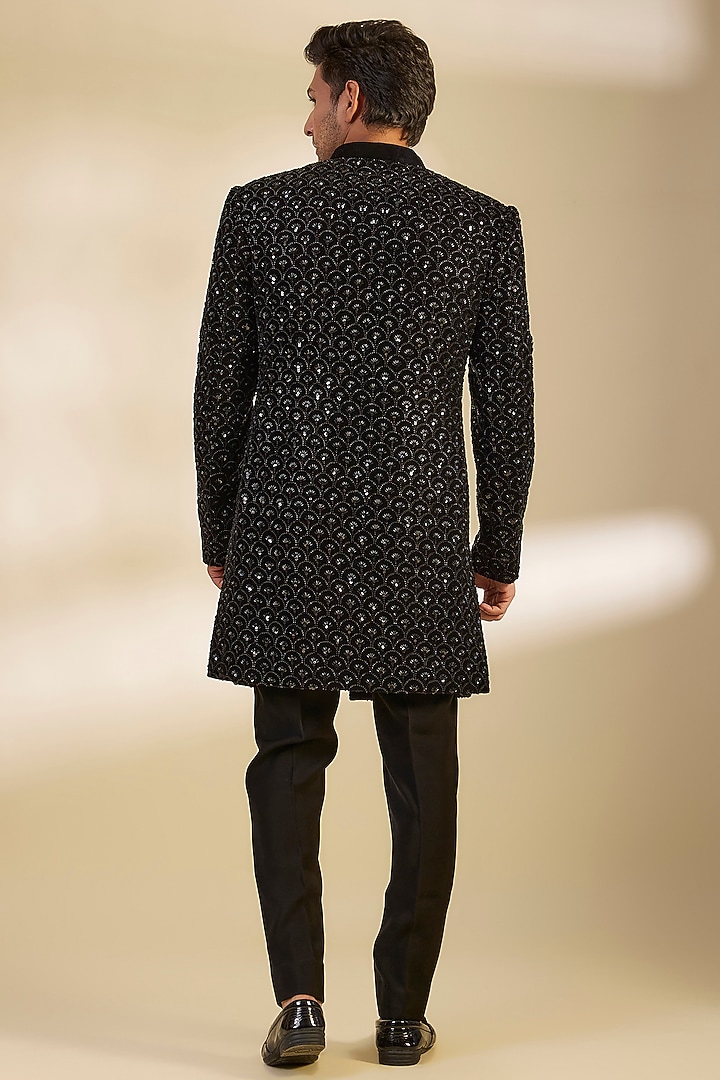 Black Velvet Cutdana Embroidered Groom Sherwani Set by Sawan Gandhi Men at Pernia's Pop Up Shop