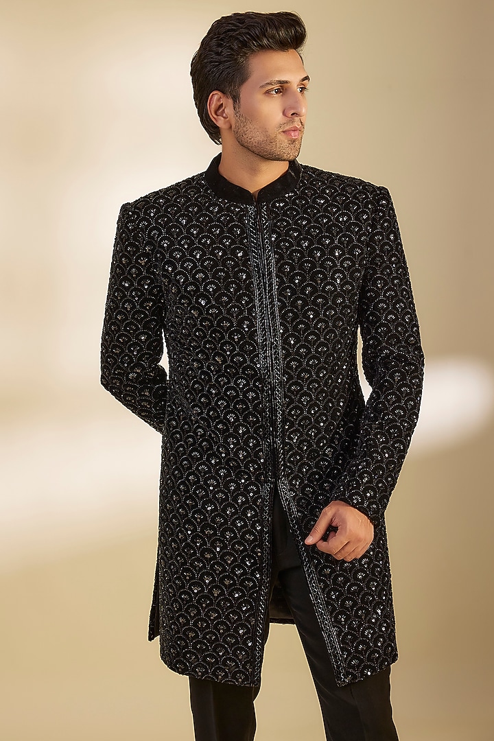 Black Velvet Cutdana Embroidered Groom Sherwani Set by Sawan Gandhi Men at Pernia's Pop Up Shop