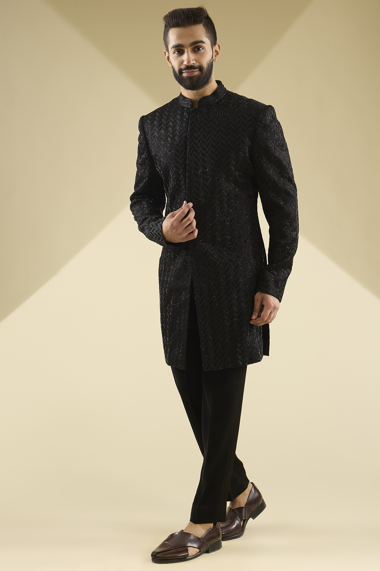 Black Velvet Cutdana Embroidered Indowestern Set by Sawan Gandhi Men