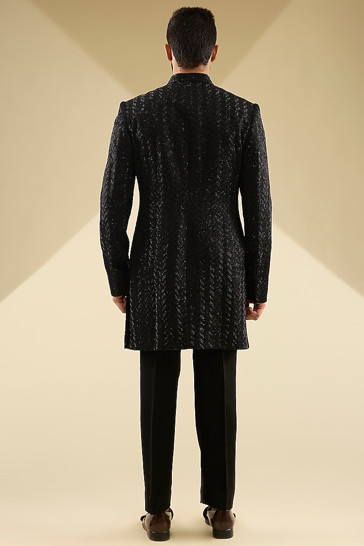 Black Velvet Cutdana Embroidered Groom Indowestern Set by Sawan Gandhi Men at Pernia's Pop Up Shop