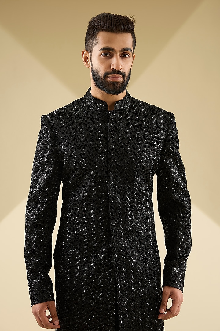 Black Velvet Cutdana Embroidered Groom Indowestern Set by Sawan Gandhi Men at Pernia's Pop Up Shop
