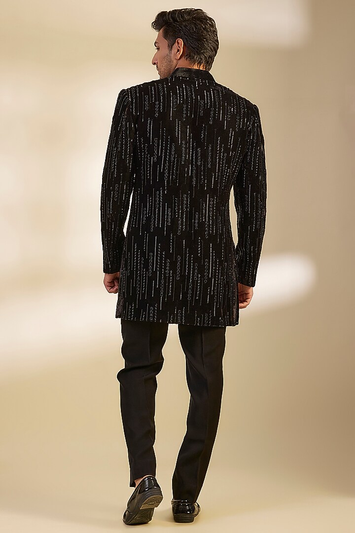 Black Velvet Cutdana Embroidered Groom Sherwani Set by Sawan Gandhi Men at Pernia's Pop Up Shop