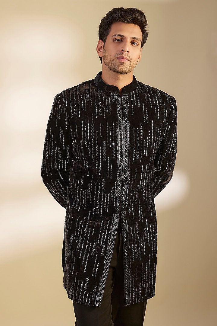 Black Velvet Cutdana Embroidered Groom Sherwani Set by Sawan Gandhi Men at Pernia's Pop Up Shop