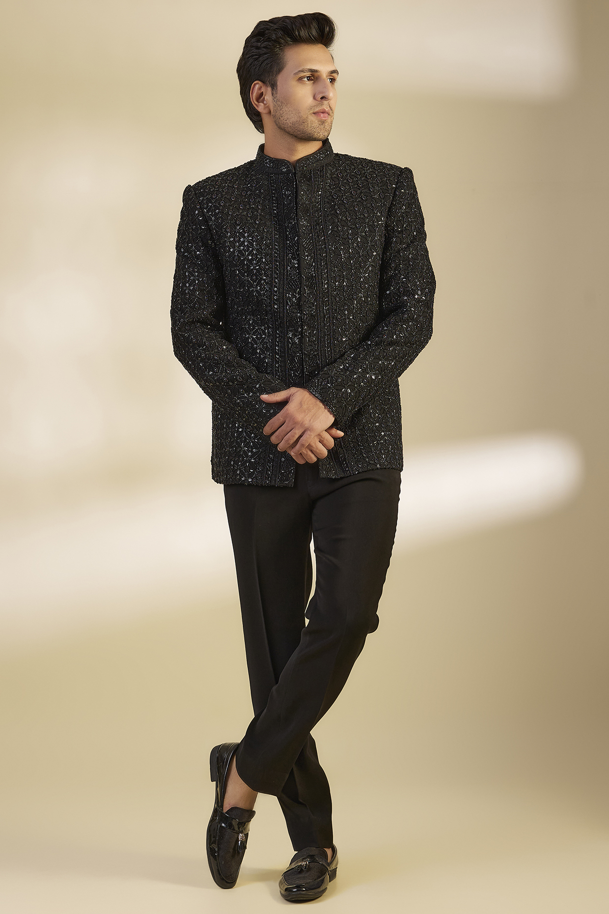 Black Georgette Beads & Cutdana Embroidered Bandhgala Set by Sawan Gandhi Men