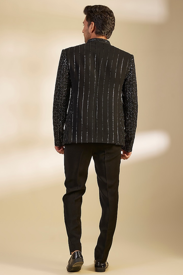 Black Georgette Beads & Cutdana Embroidered Groom Bandhgala Set by Sawan Gandhi Men at Pernia's Pop Up Shop