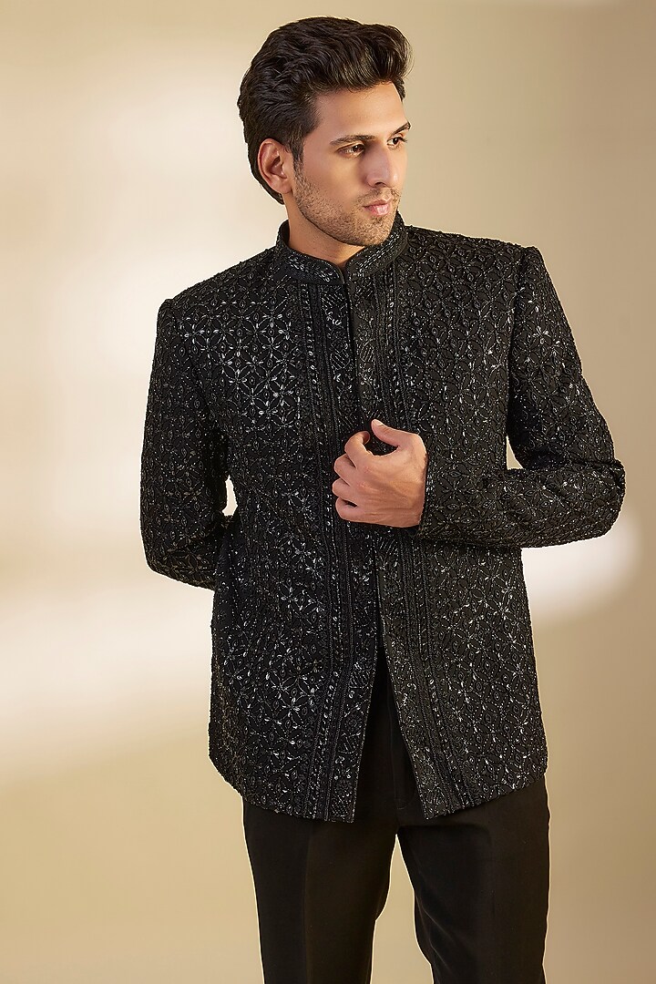 Black Georgette Beads & Cutdana Embroidered Groom Bandhgala Set by Sawan Gandhi Men at Pernia's Pop Up Shop
