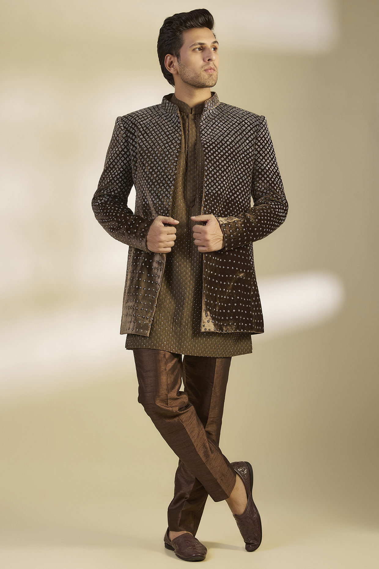 Coffee Brown Velvet Georgette Cutdana Embroidered Indo-Western Set by Sawan Gandhi Men