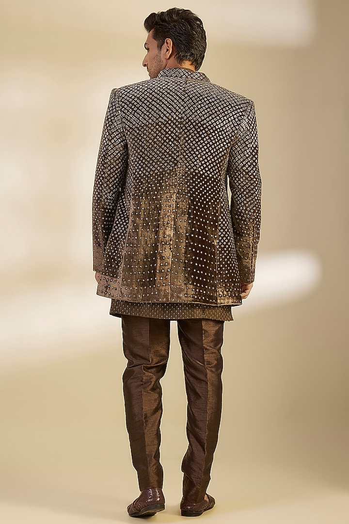 Coffee Brown Velvet Georgette Cutdana Embroidered Indo-Western Set by Sawan Gandhi Men at Pernia's Pop Up Shop