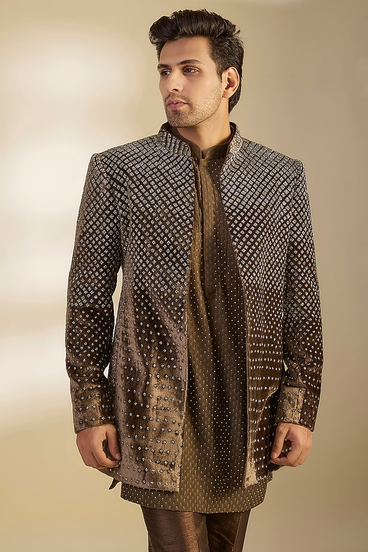 Coffee Brown Velvet Georgette Cutdana Embroidered Indo-Western Set by Sawan Gandhi Men at Pernia's Pop Up Shop