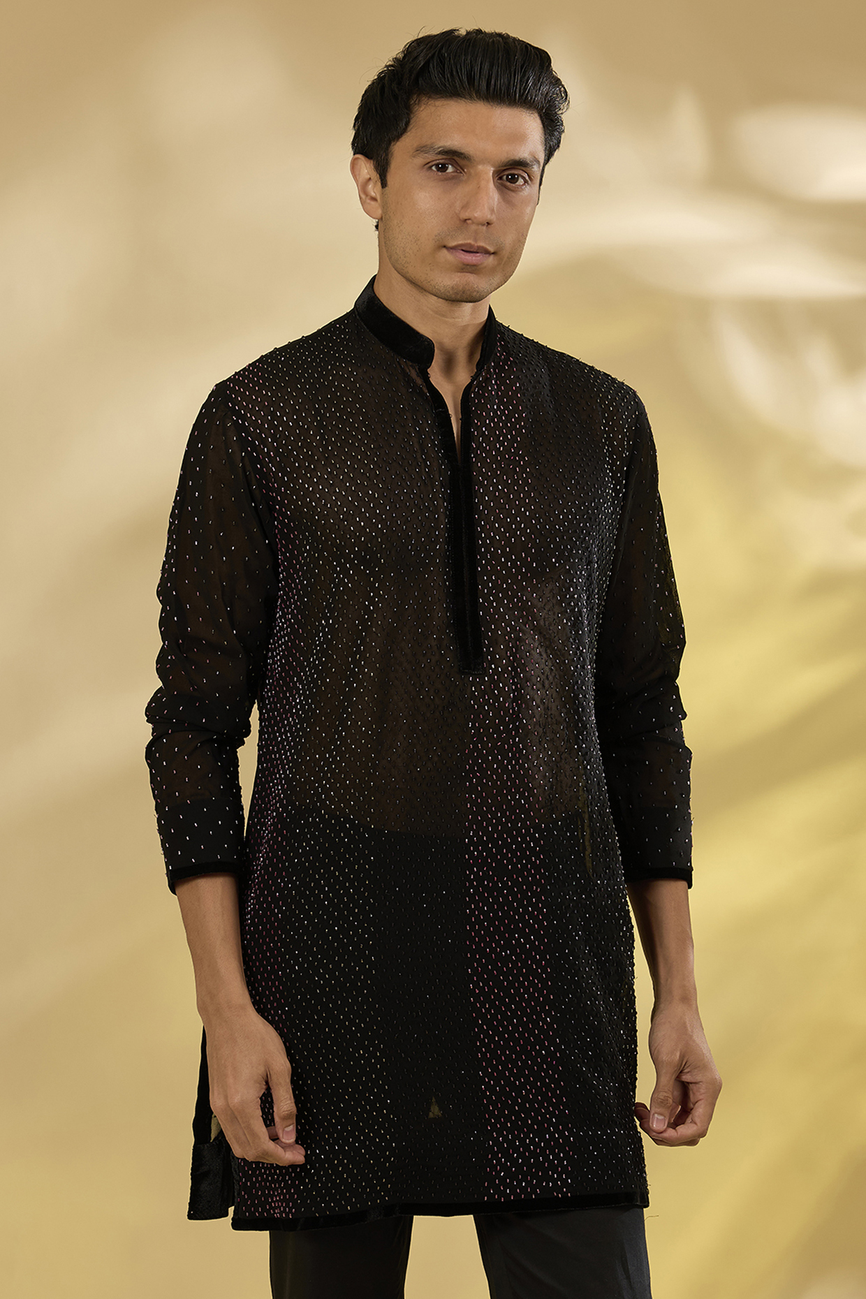 Black Georgette Swarovski & Crystal Embroidered Kurta by Sawan Gandhi Men
