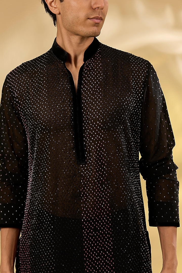 Black Georgette Swarovski & Crystal Embroidered Kurta by Sawan Gandhi Men at Pernia's Pop Up Shop