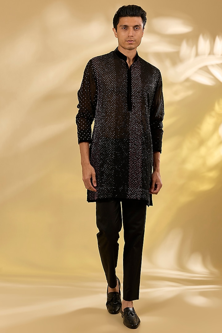 Black Georgette Swarovski & Crystal Embroidered Kurta by Sawan Gandhi Men at Pernia's Pop Up Shop