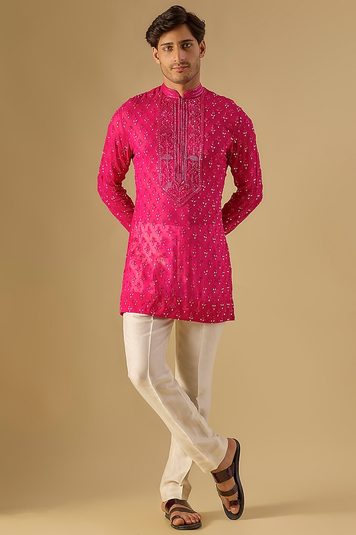 Hot Pink Georgette Kurta by Sawan Gandhi Men