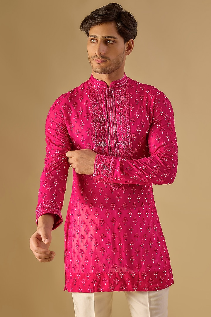 Hot Pink Georgette Kurta by Sawan Gandhi Men at Pernia's Pop Up Shop